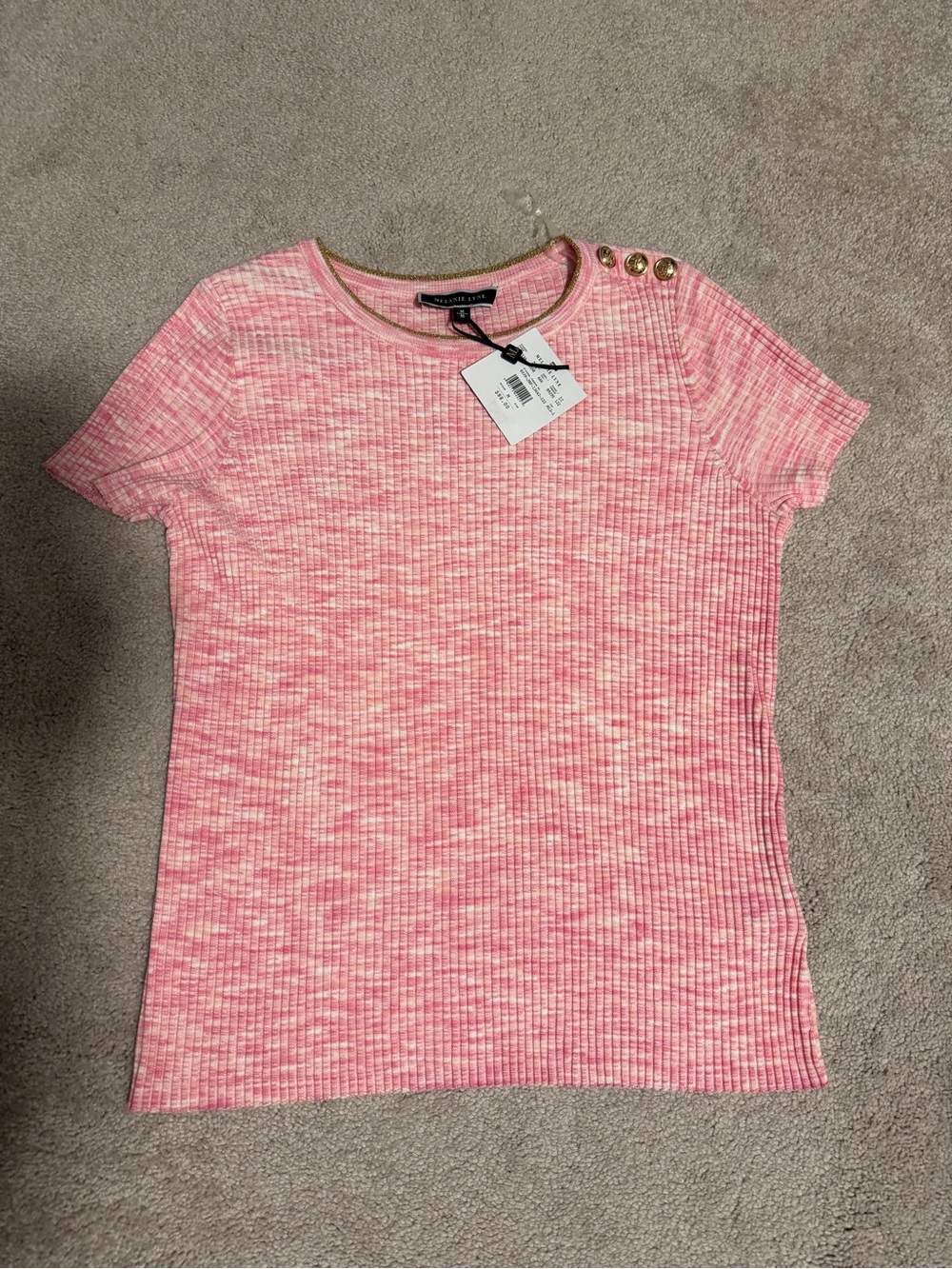 NWT Melanie Lyne Pink Marled Short-Sleeve Ribbed Top with Gold Buttons size Med